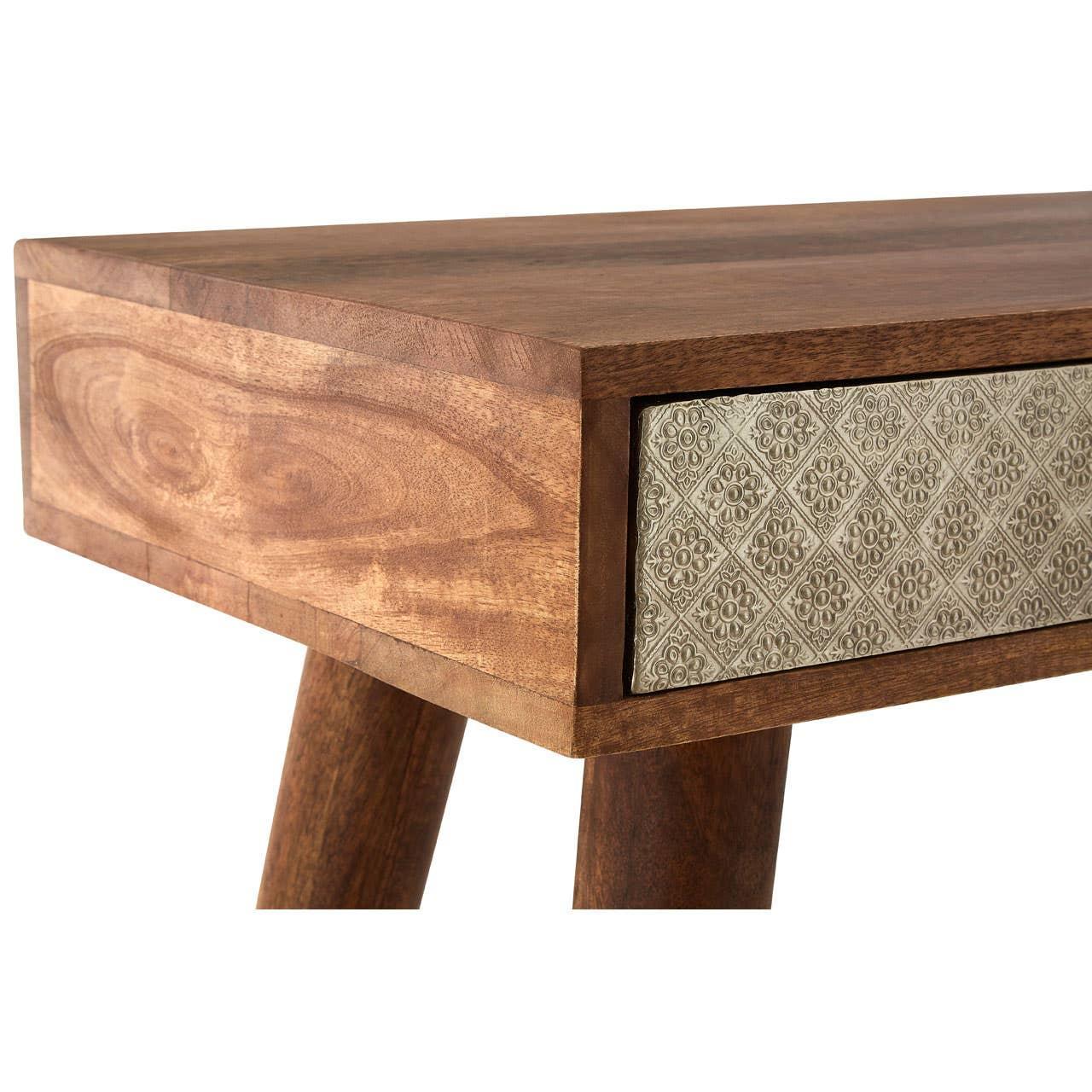 Wooden side table with patterned metal drawer front and angled legs