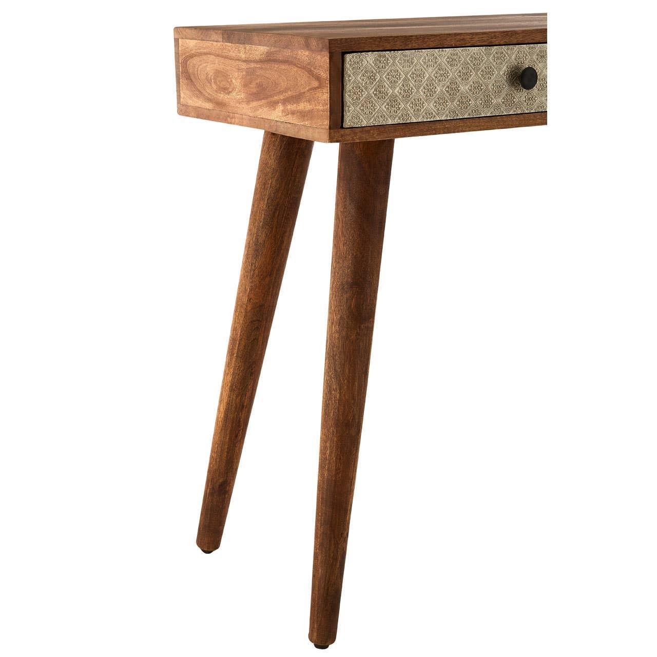 Mid-century wooden console table with carved drawer and angled legs