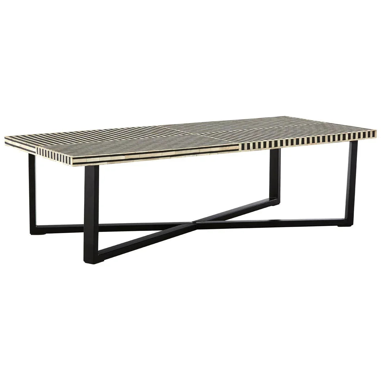 Rectangular striped coffee table with black metal legs and modern geometric base design