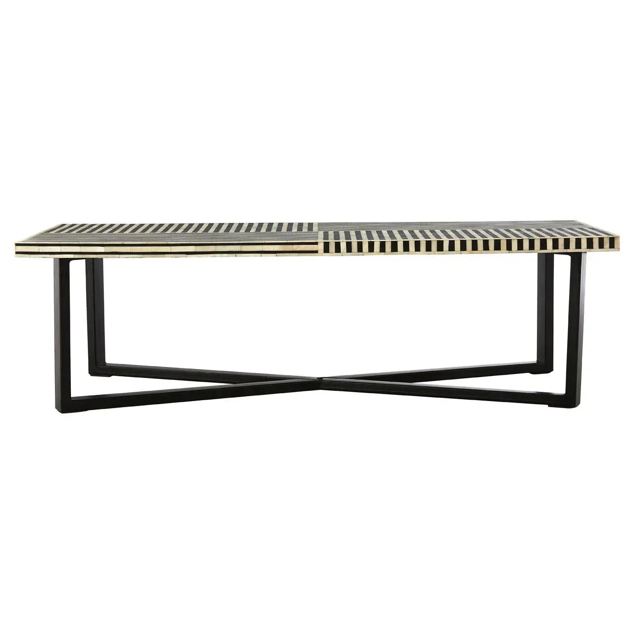 Striped bone inlay coffee table with black metal legs, geometric pattern top, front view