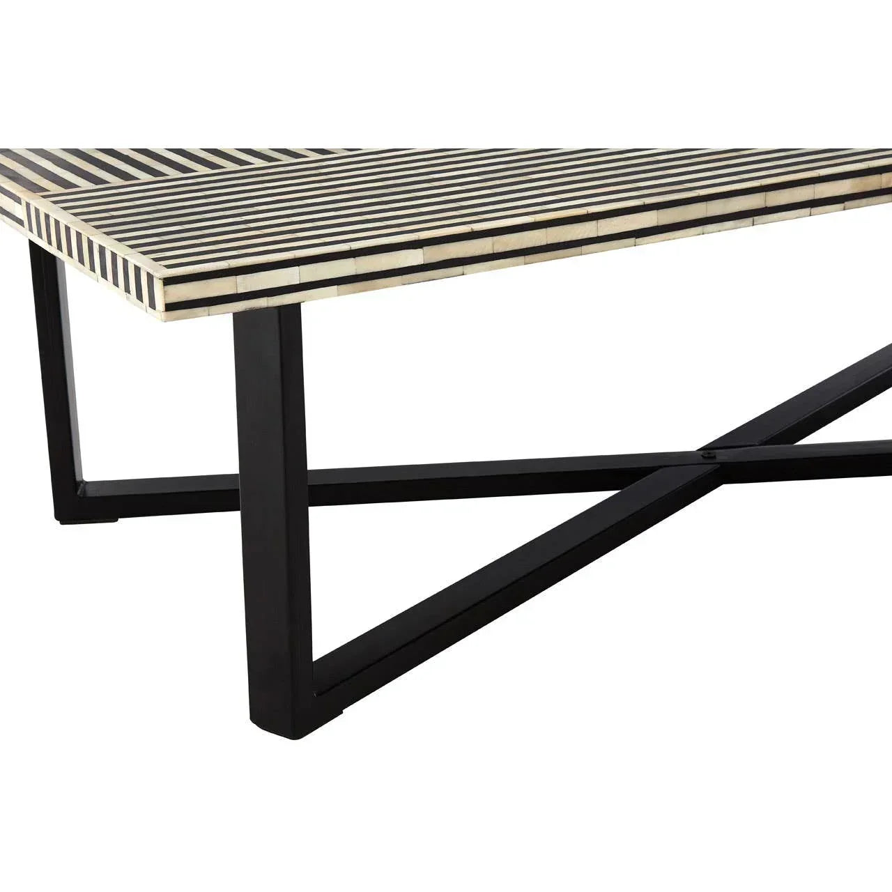Striped rectangular coffee table with metal legs and geometric black and white top