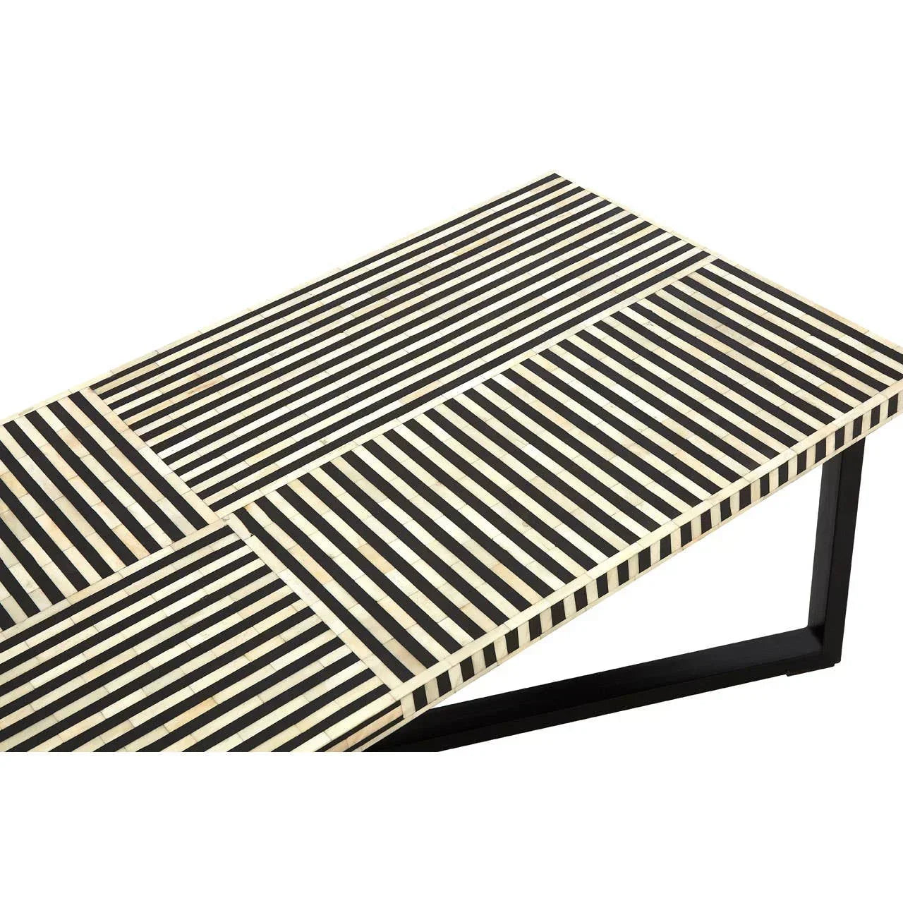 Rectangular coffee table with black and white striped inlay and metal frame