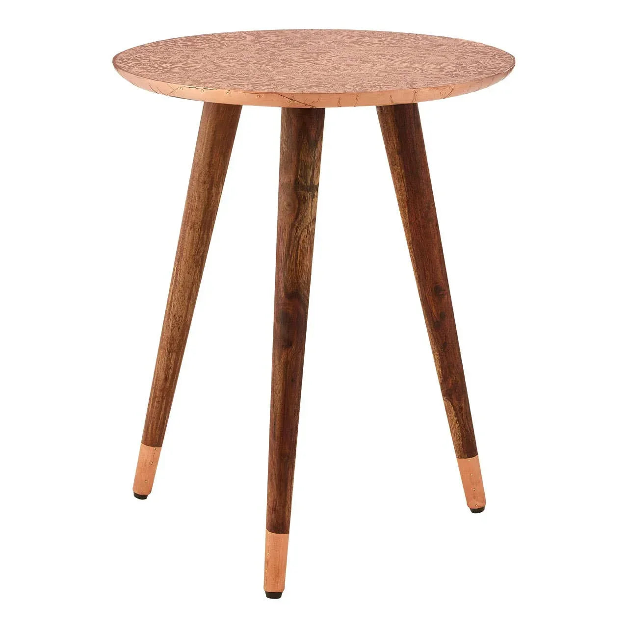 Round copper side table with wooden tripod legs and metallic accents