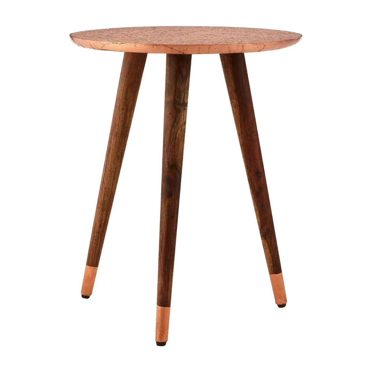 Round wooden side table with copper accents and three tapered legs