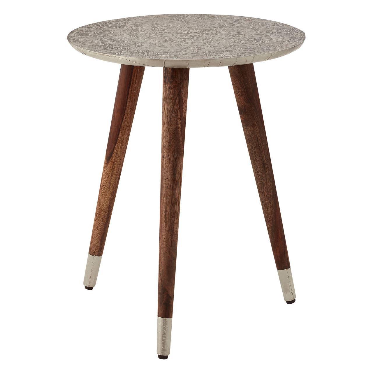 Round side table with textured light top and three wooden legs with metal tips