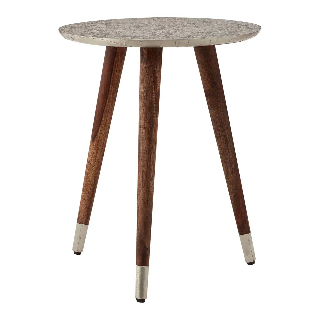 Round wooden side table with angled legs and light grey textured tabletop