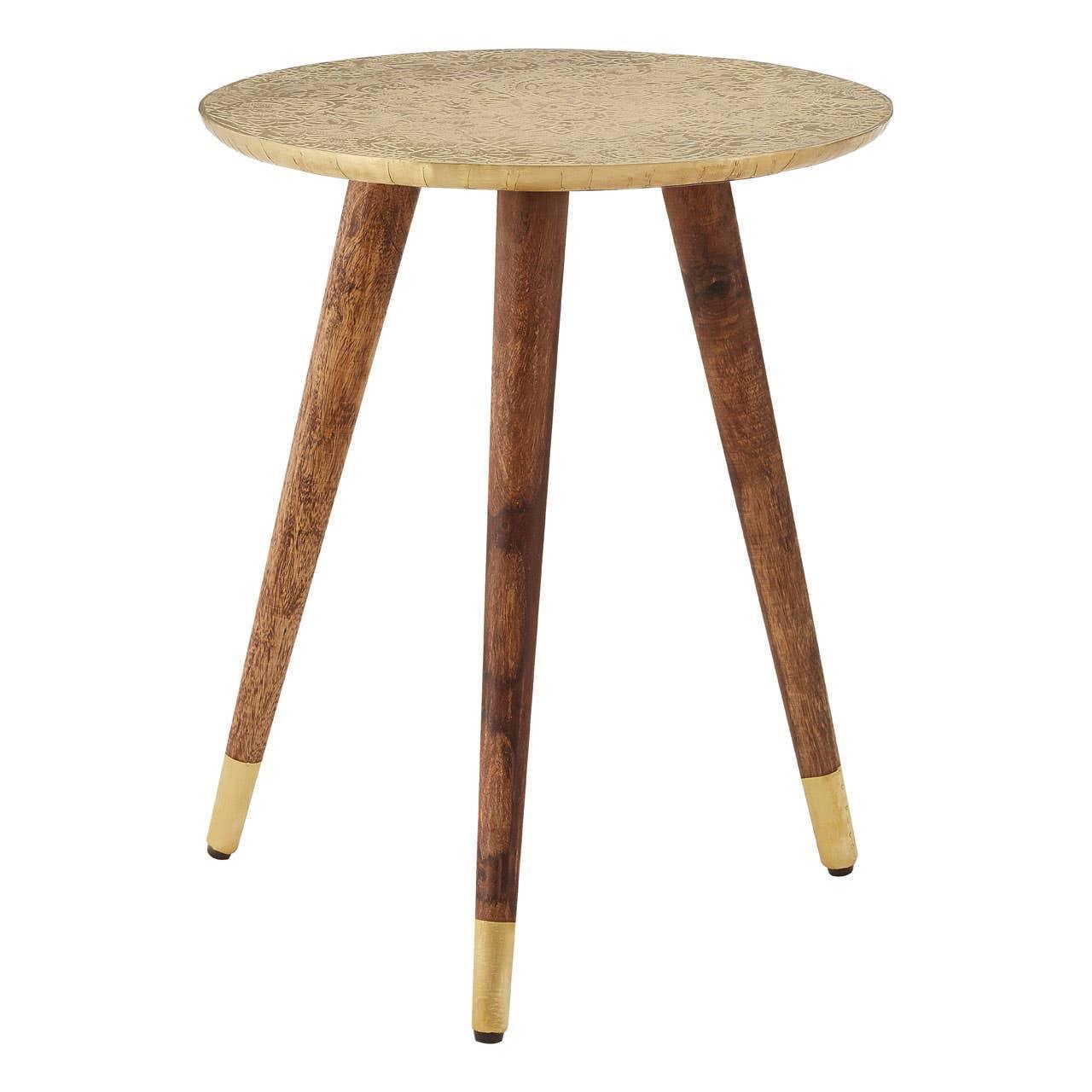 Round wooden side table with gold metal top and gold-tipped legs