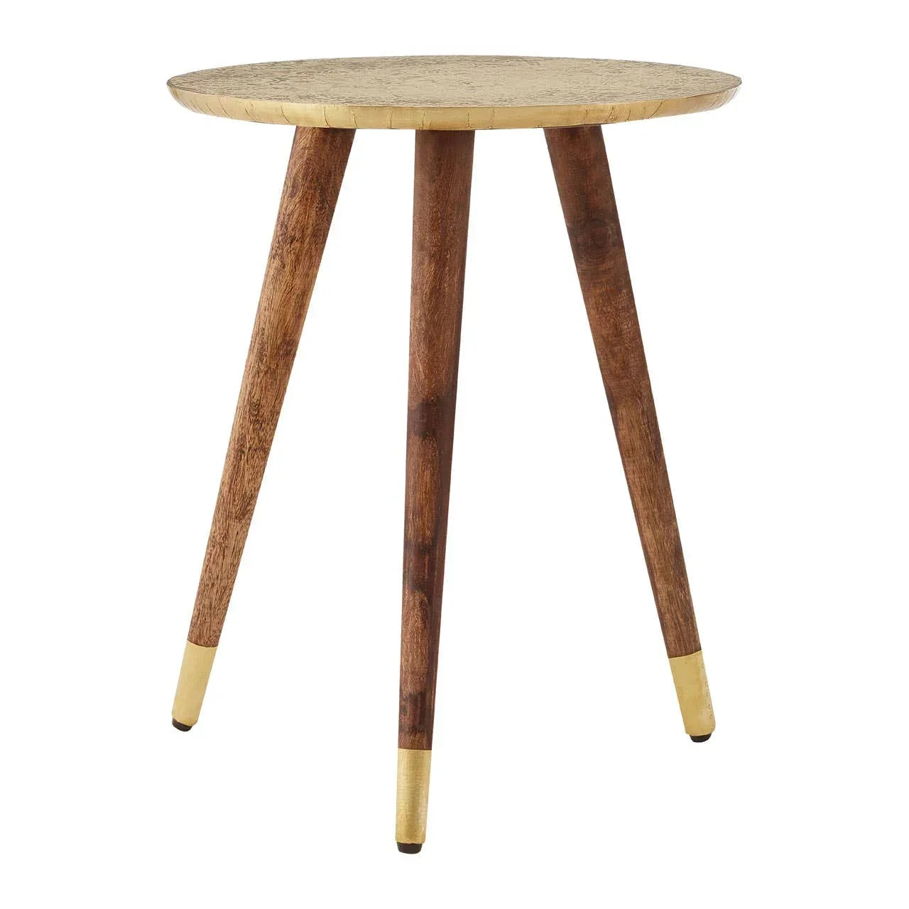 Round side table with gold metal top and three wooden legs with gold accents