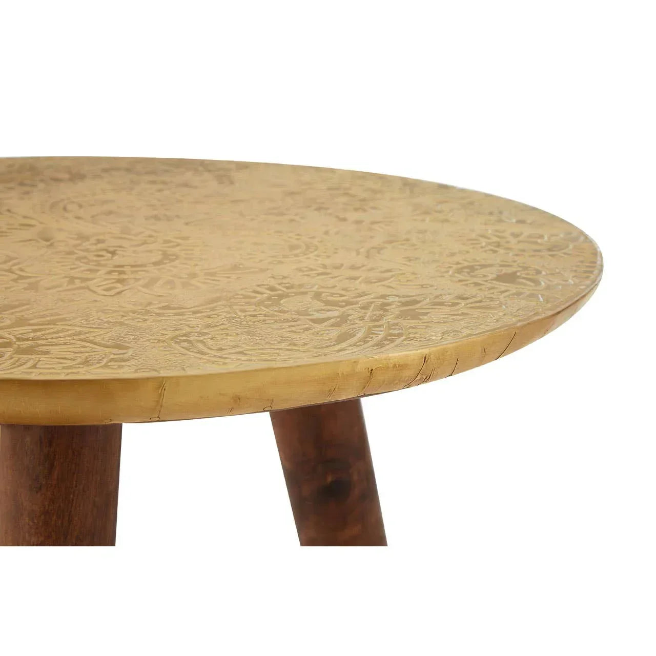 Round wooden coffee table with engraved gold top and angled legs