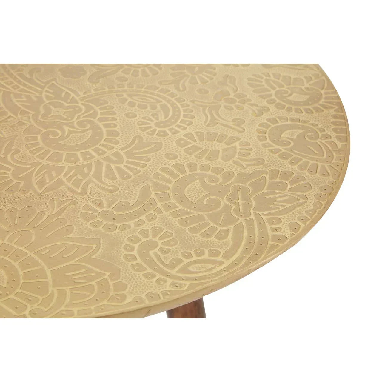Round metal coffee table with embossed floral pattern and gold finish