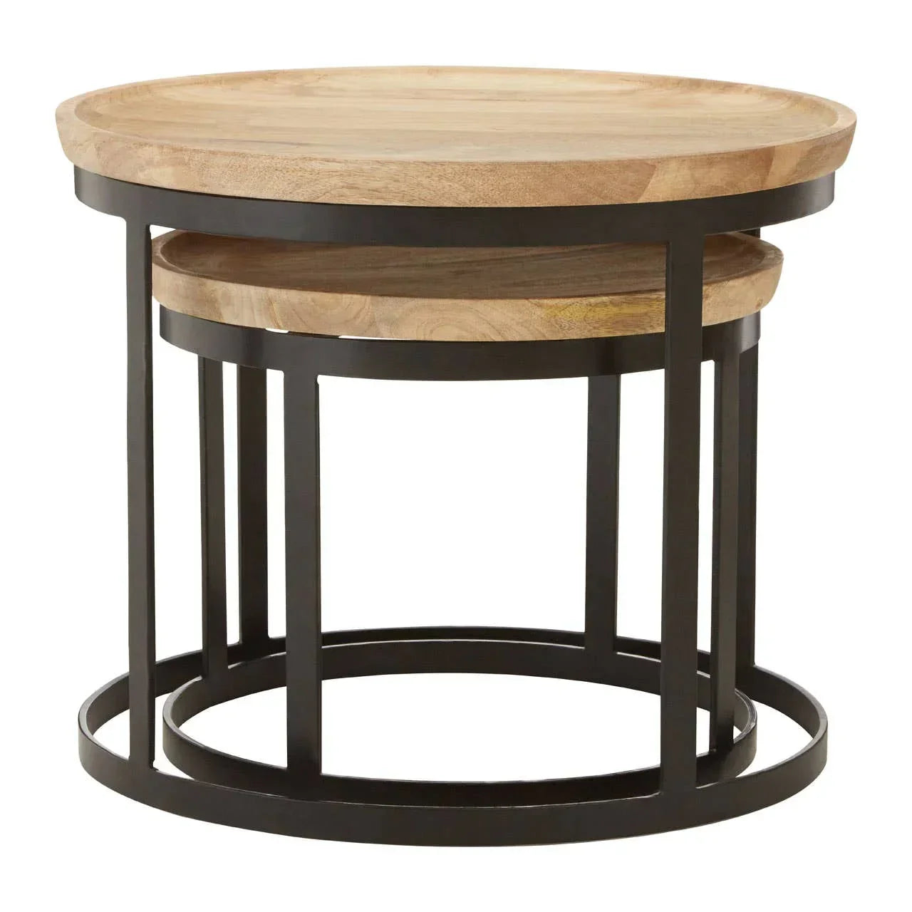 Round nesting coffee tables with light wood tops and black metal frames