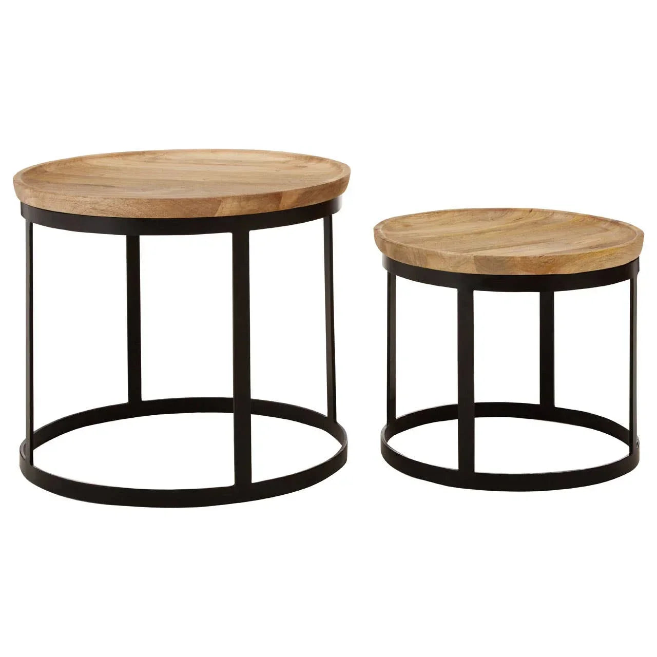 Round nesting coffee tables with light wood tops and black metal frames, side by side
