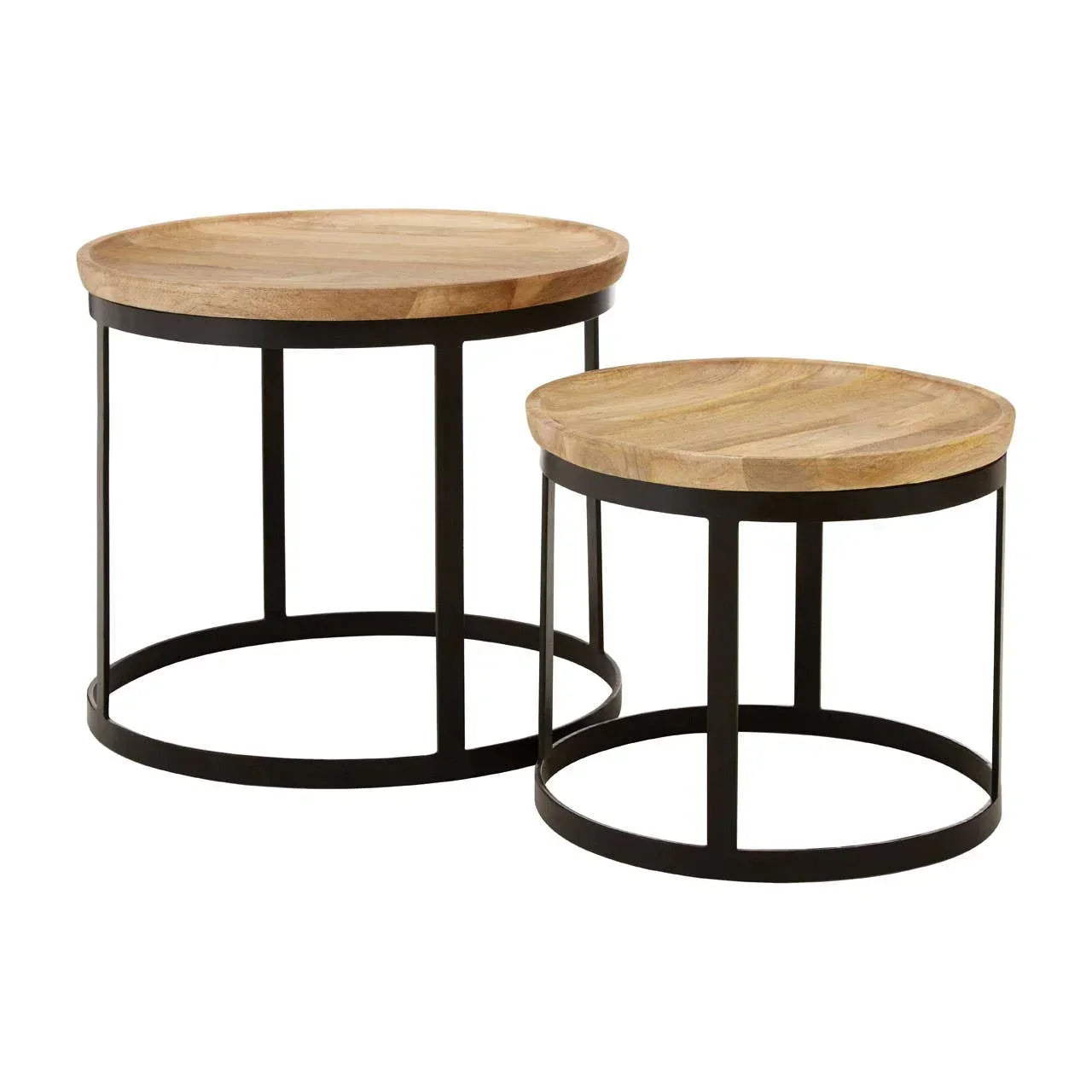 Round nesting coffee tables with wooden tops and black metal frames