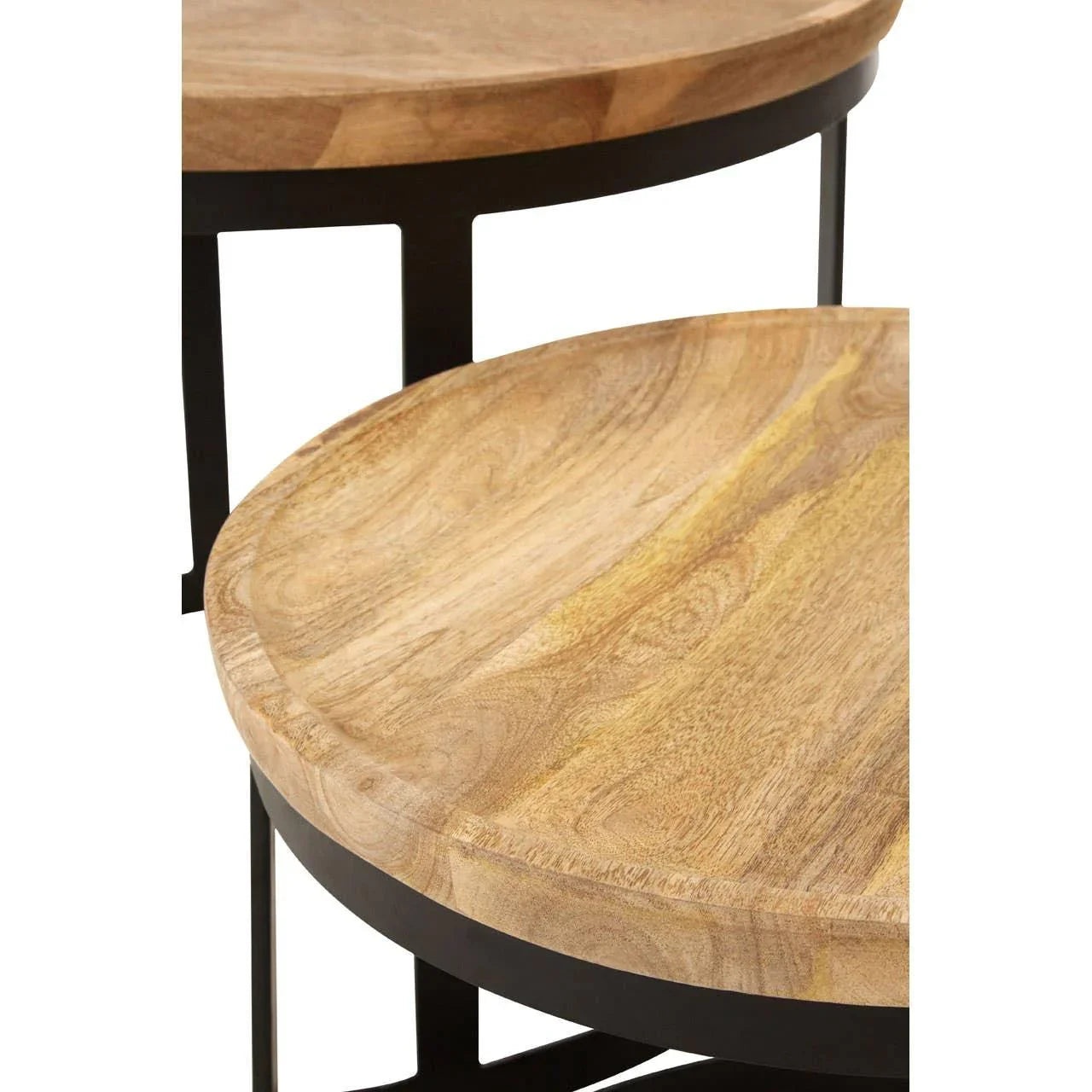 Round wooden nesting tables with black metal frames, close-up of tops and sides