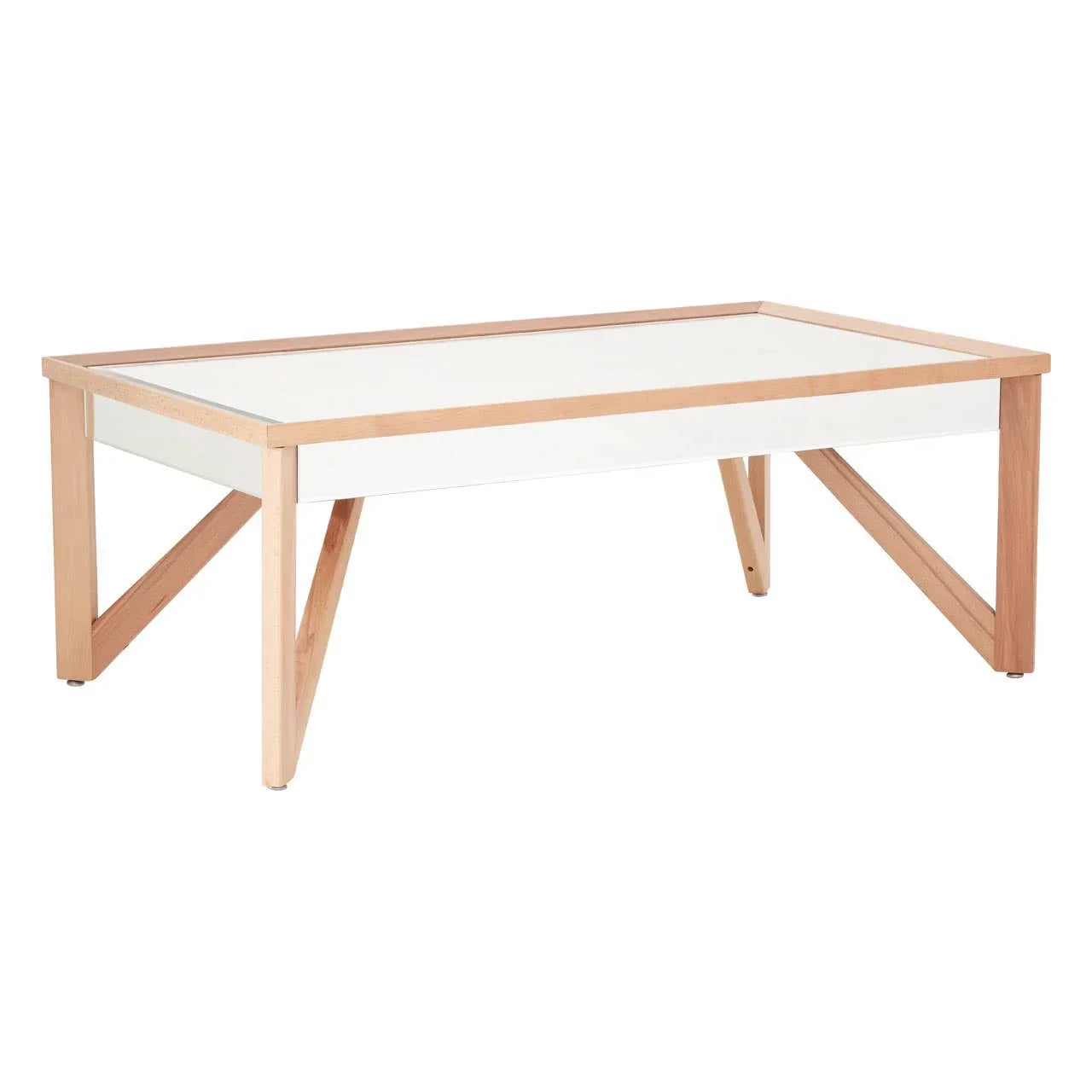 Rectangular coffee table with white top and natural wood frame, angled legs visible