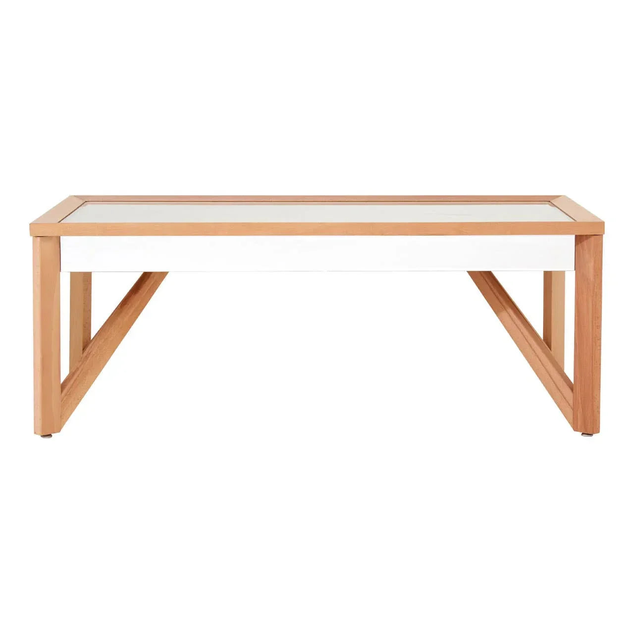 Rectangular wooden coffee table with white top and angled legs, front view