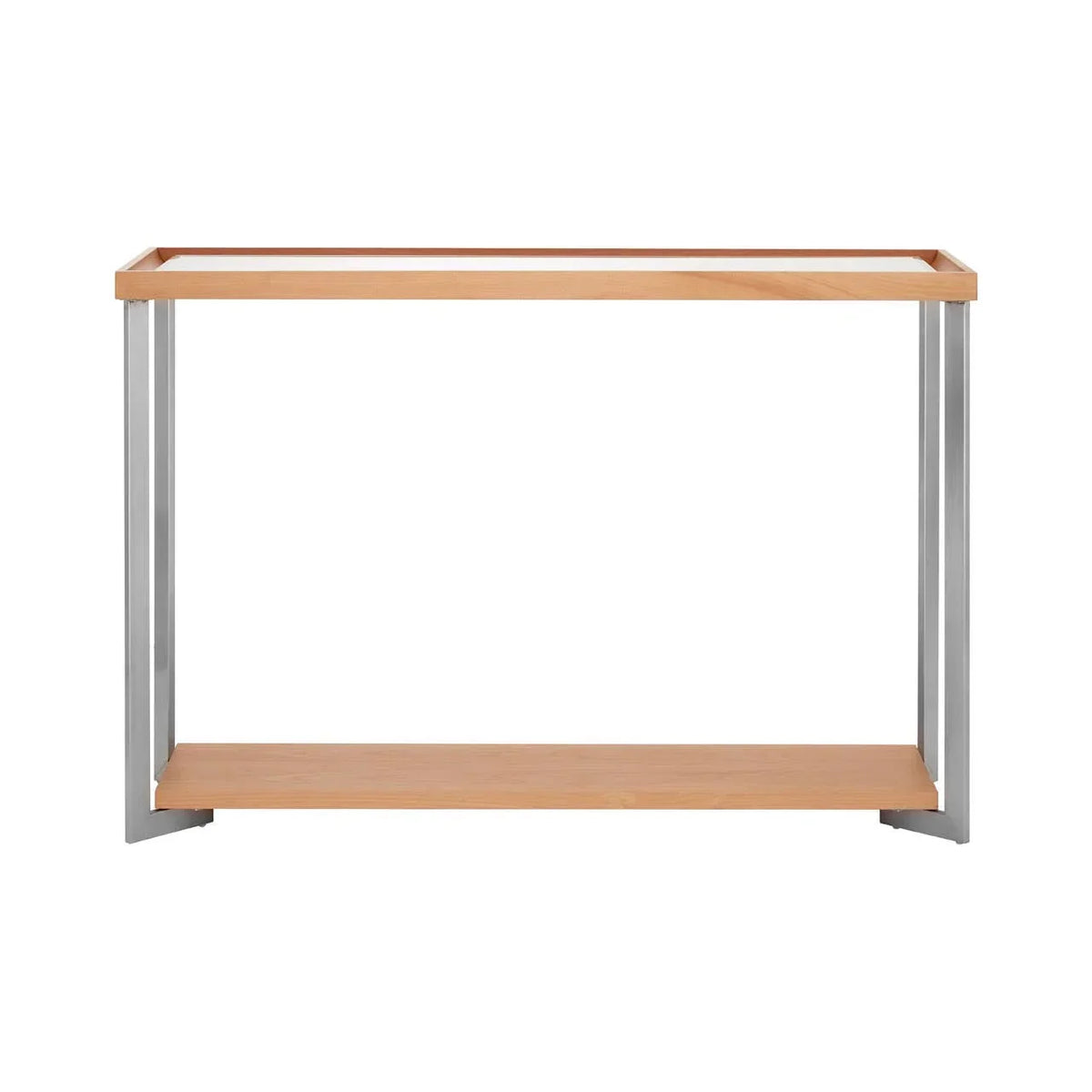 Rectangular console table with light wood top, lower shelf and chrome metal legs, front view