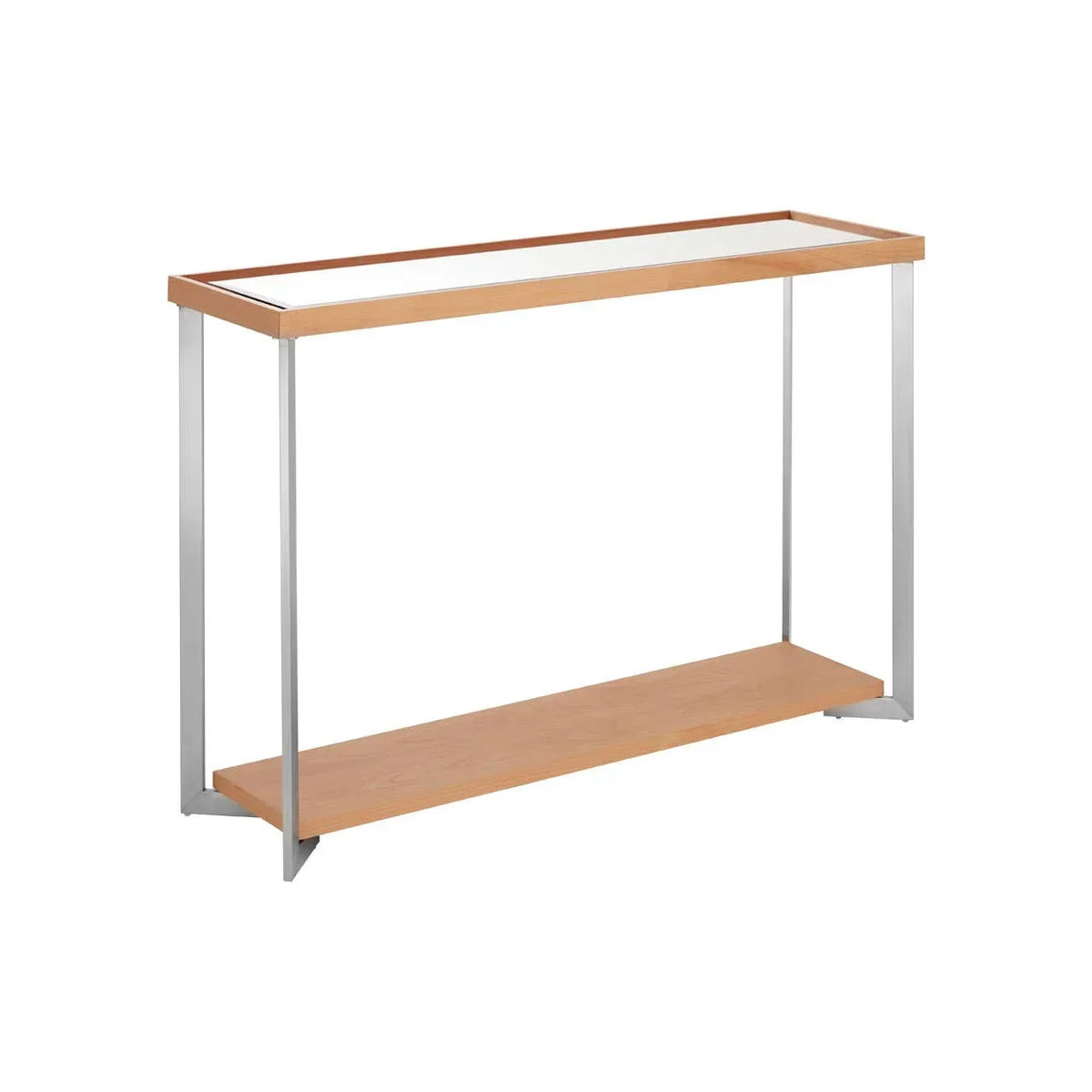 Modern console table with glass top, light wood frame and silver metal legs