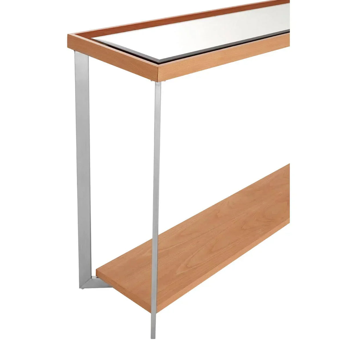 Modern console table with glass top, light wood finish, lower shelf, metal frame