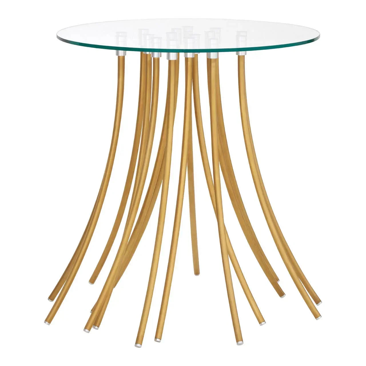 Round glass dining table with gold metal base and modern curved legs