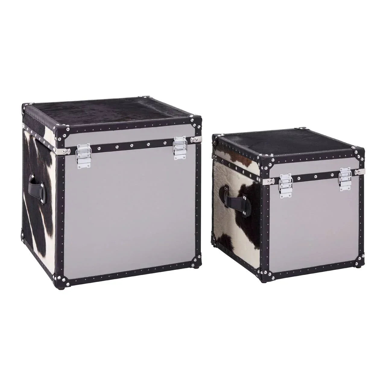 Set of two storage trunks with black and white cowhide sides, metal latches and handles