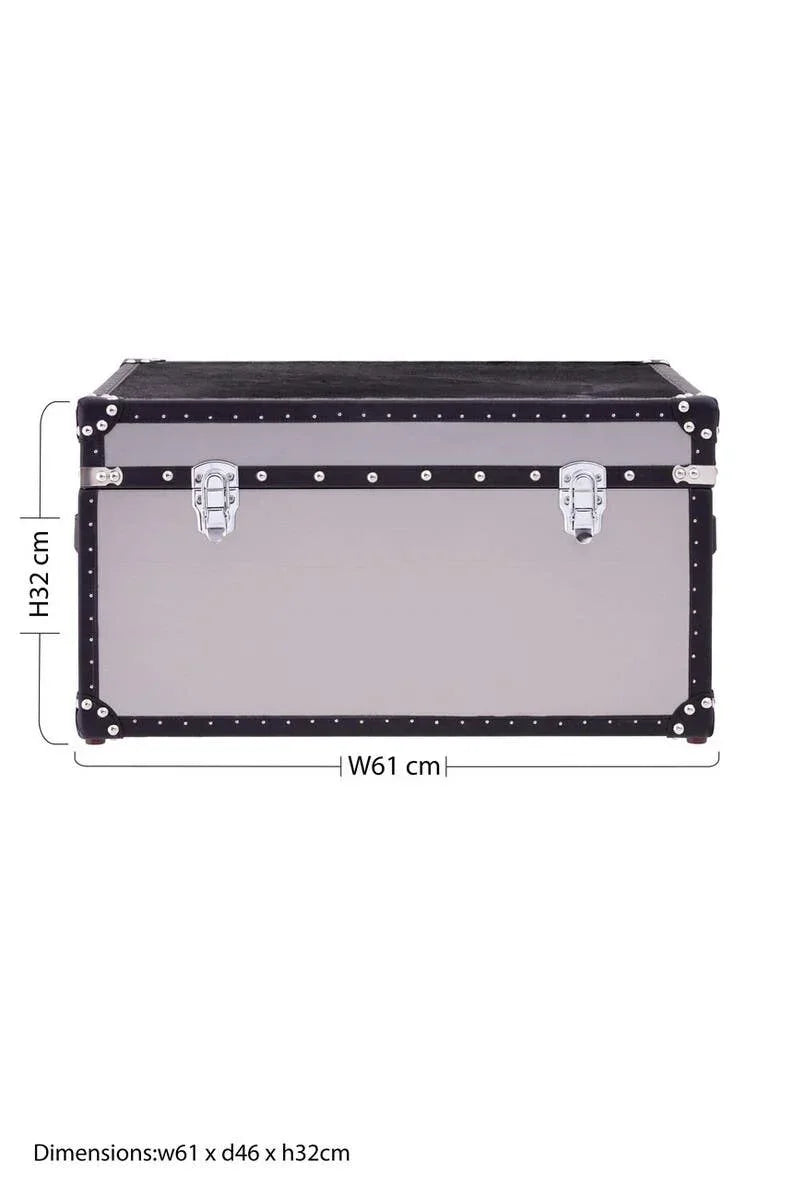 Silver storage trunk with black trim and metal clasps, dimensions 61x46x32cm shown front view