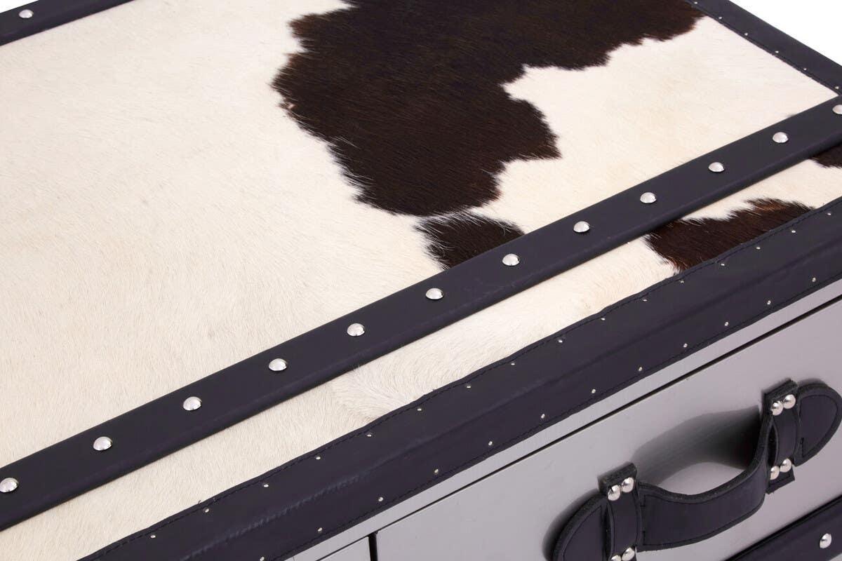 Cowhide storage trunk with black leather trim and metal stud details