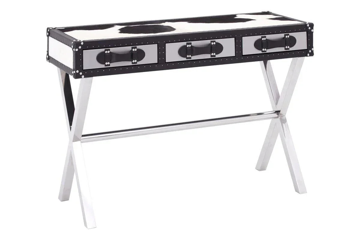 Cowhide console table with chrome X legs and three drawers, modern hallway furniture
