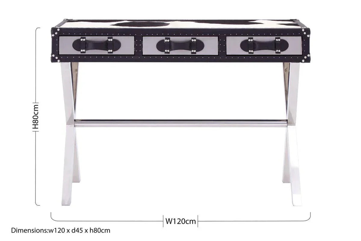 Contemporary console table with chrome legs, three drawers, and black leather trim, 120cm wide