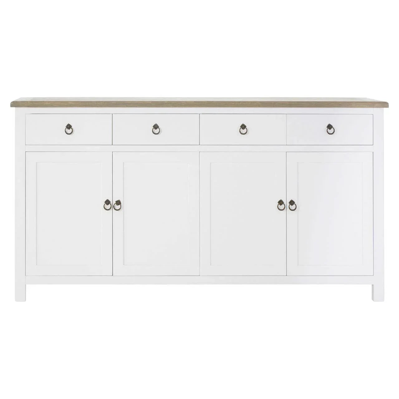 White sideboard with four drawers, double cabinets, and wood top for dining room storage