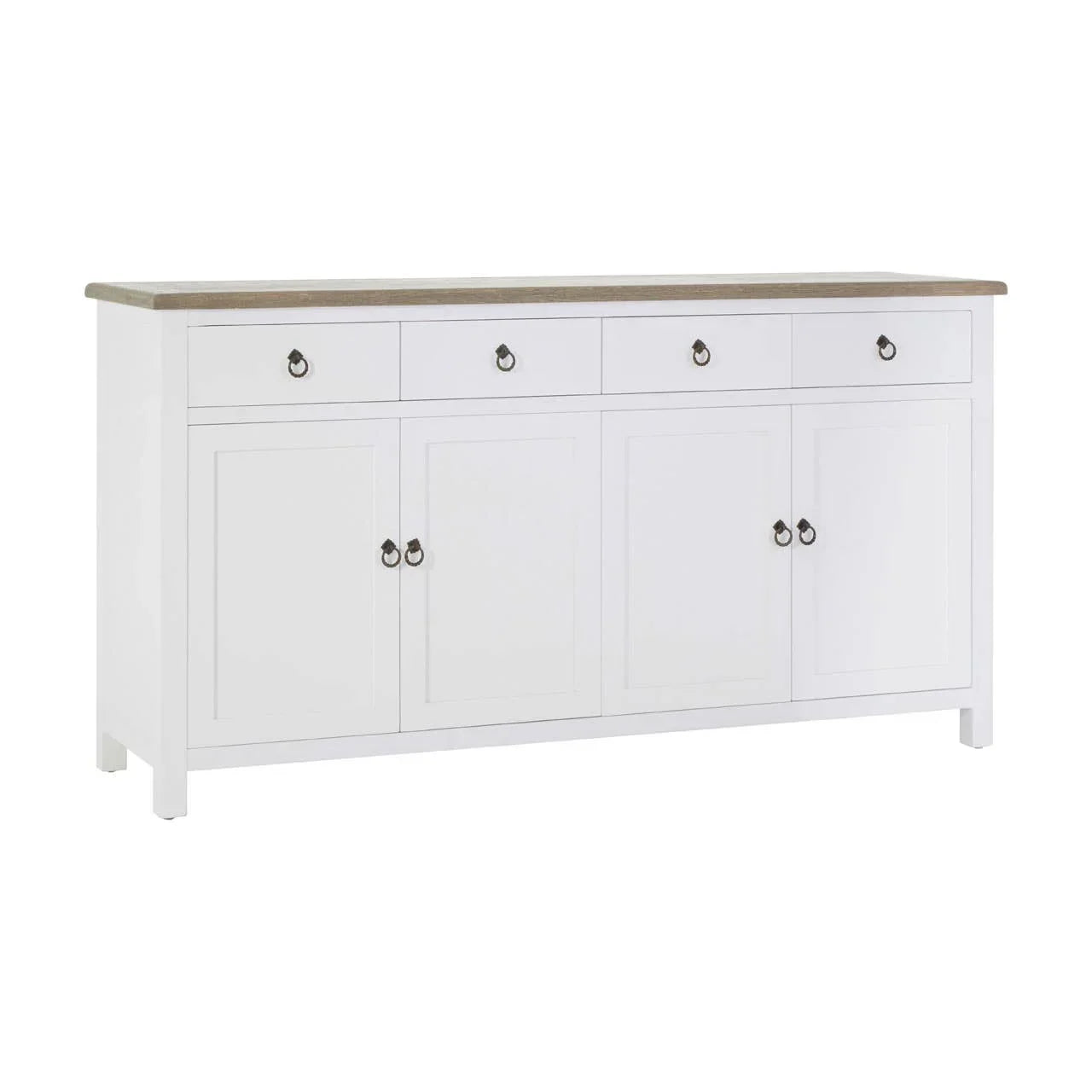 White sideboard with oak top, four drawers, and four cupboard doors with metal handles