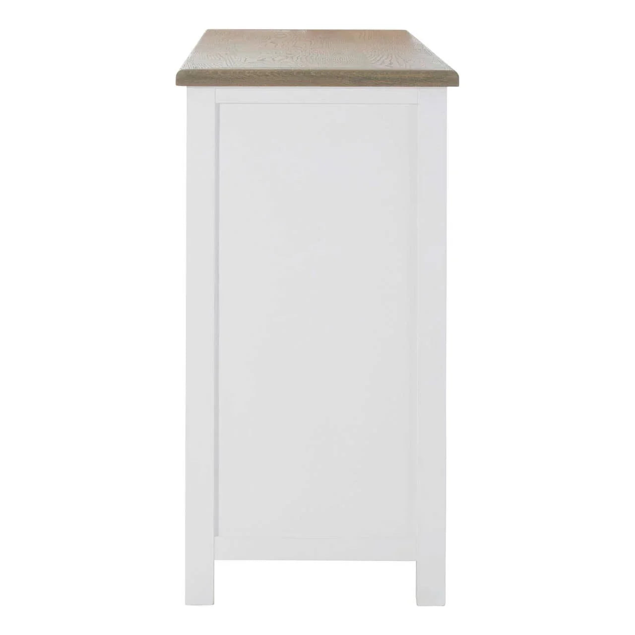 Side view of white wooden sideboard with light oak top panel