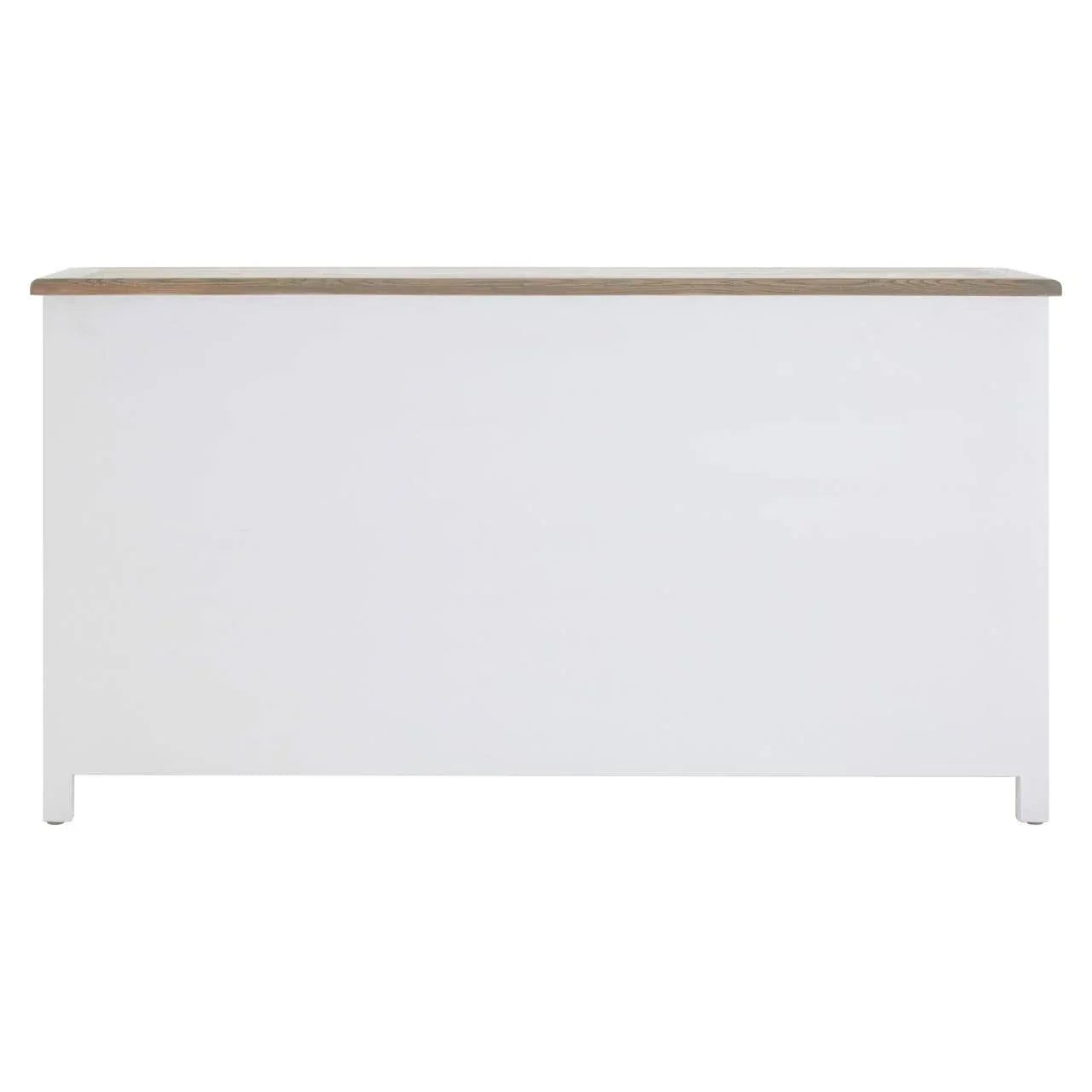 White storage chest with light wood top, straight front view