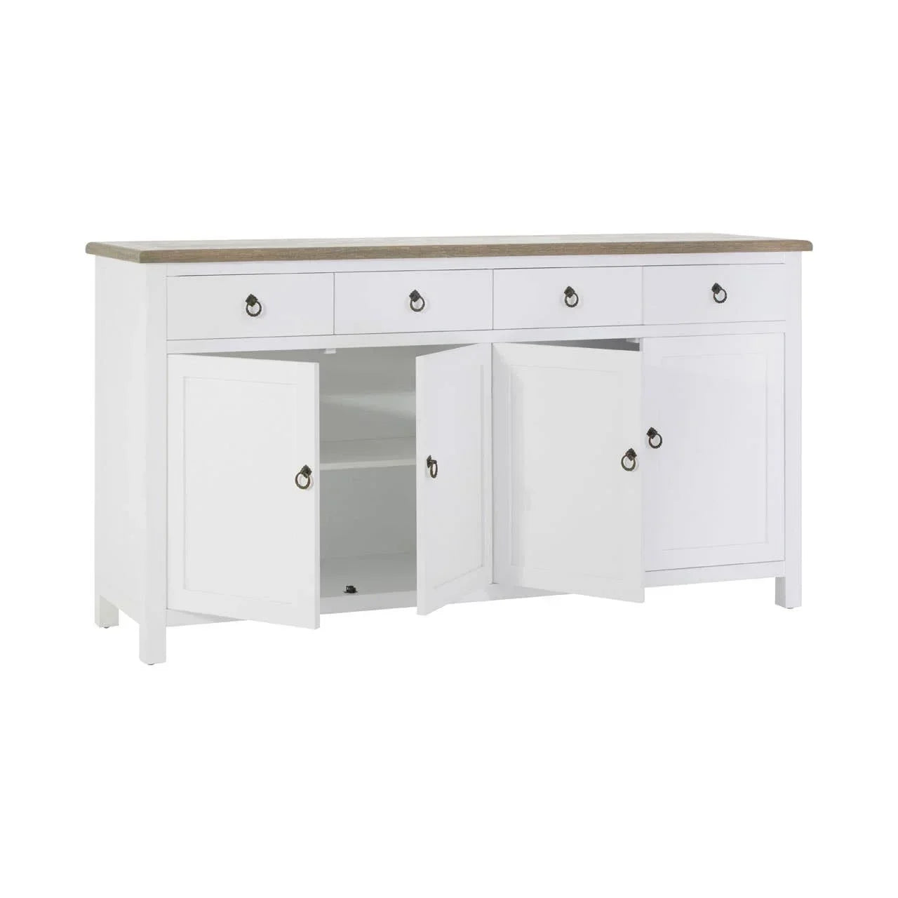 White sideboard with four drawers and two open cabinet doors, oak top, metal handles