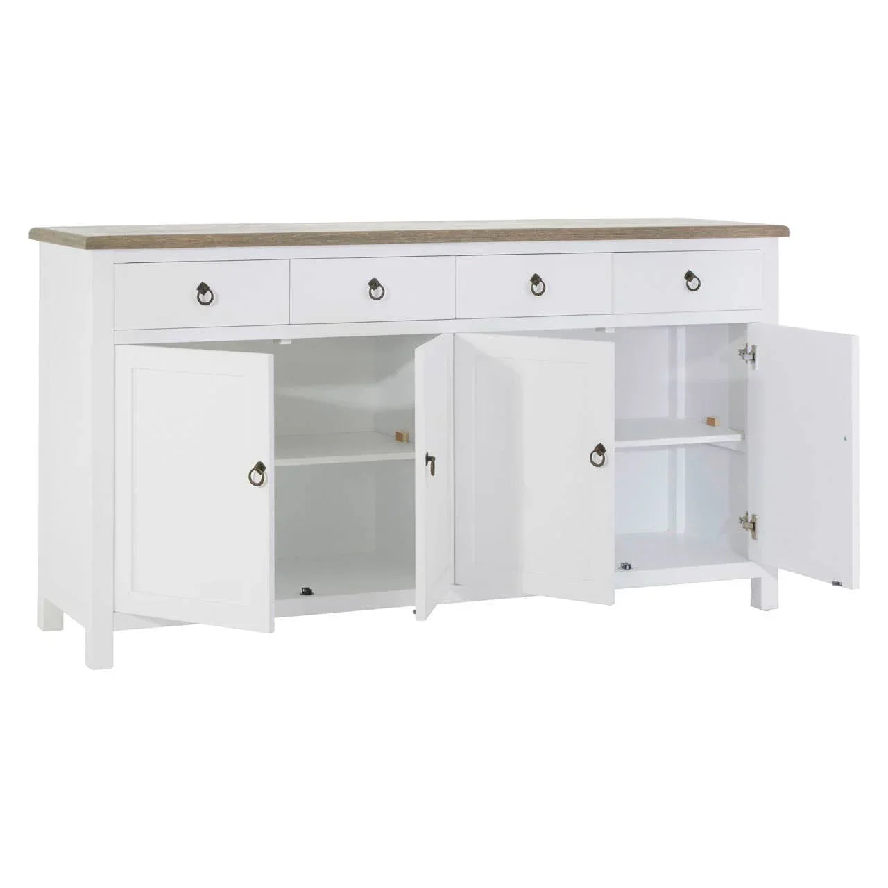 White sideboard with wood top, three drawers, and four open cupboard doors revealing shelves