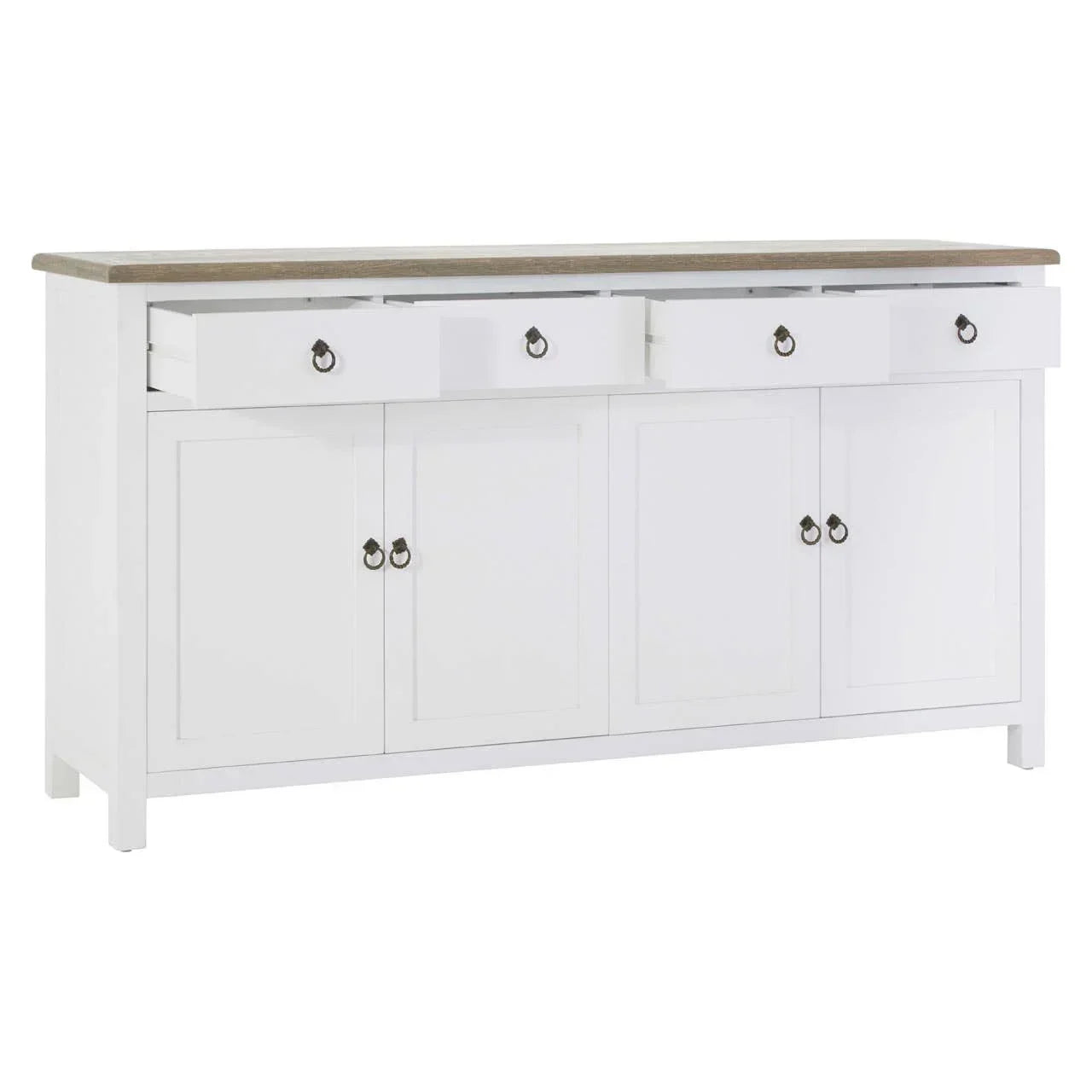 White sideboard with four drawers and four cabinet doors, oak effect top, front view