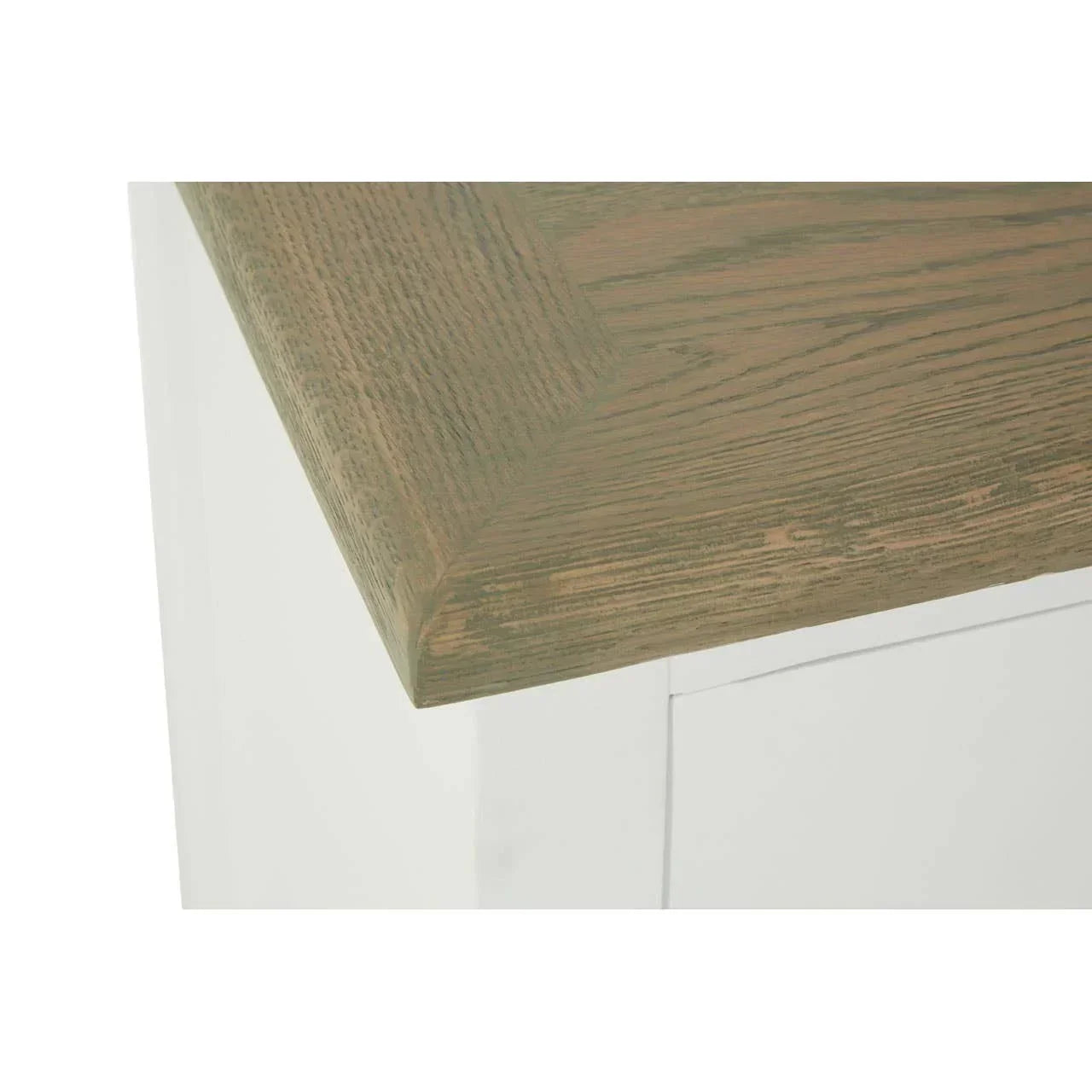 Closeup of sideboard oak wood top with white painted body and visible wood grain