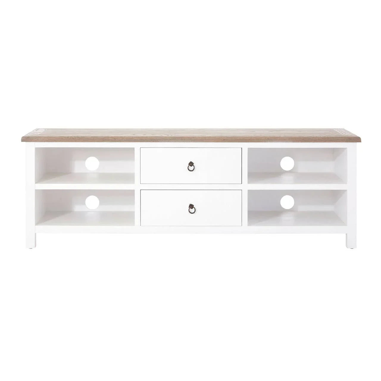 White wooden TV unit with oak top, two drawers, open shelves, and cable management holes