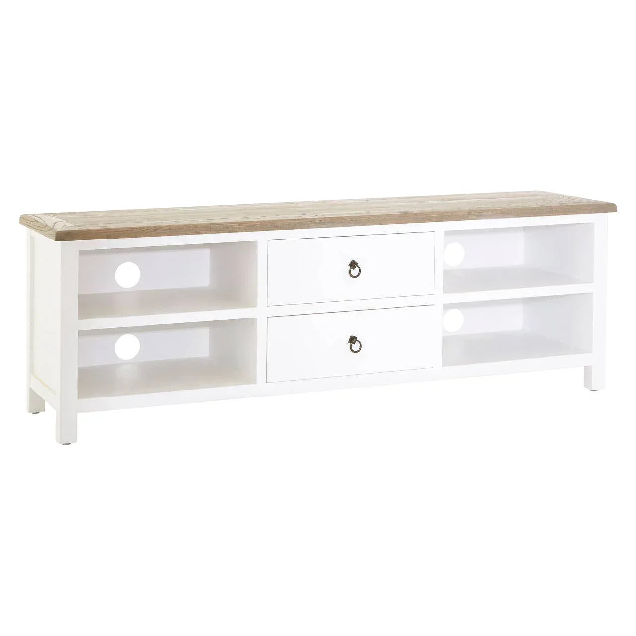 White wooden TV unit with oak top, open shelves, and two central drawers