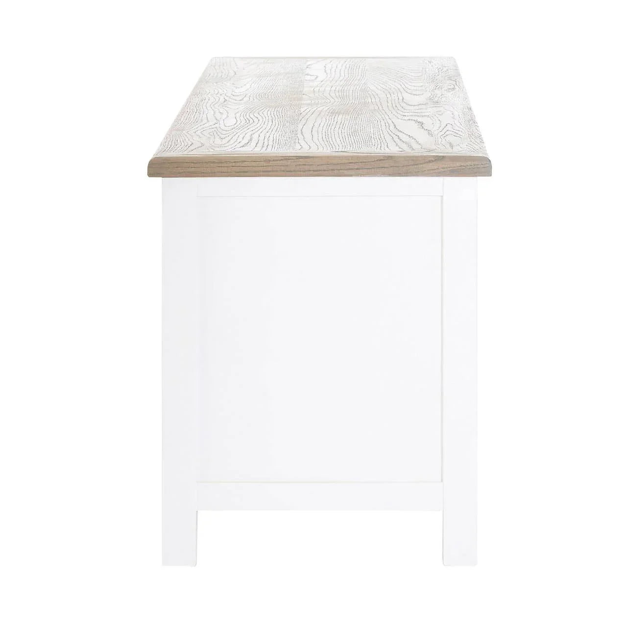 Side view of white wood storage bench with natural oak effect top