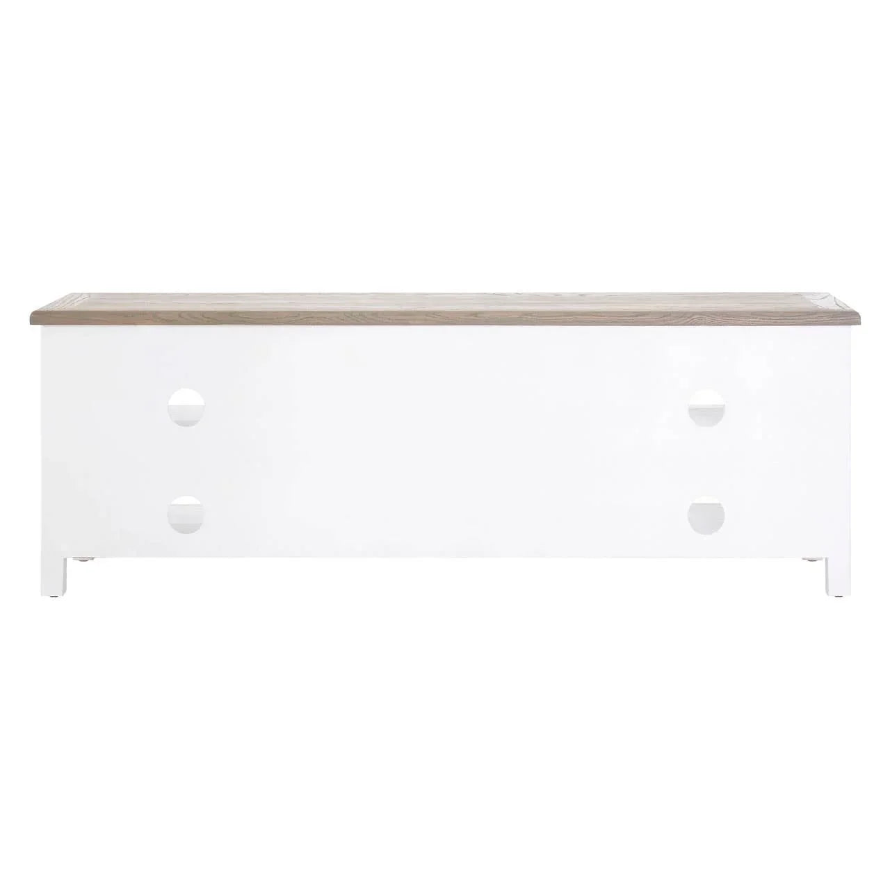 White wooden storage bench with light oak top and round cut-out handles, front view