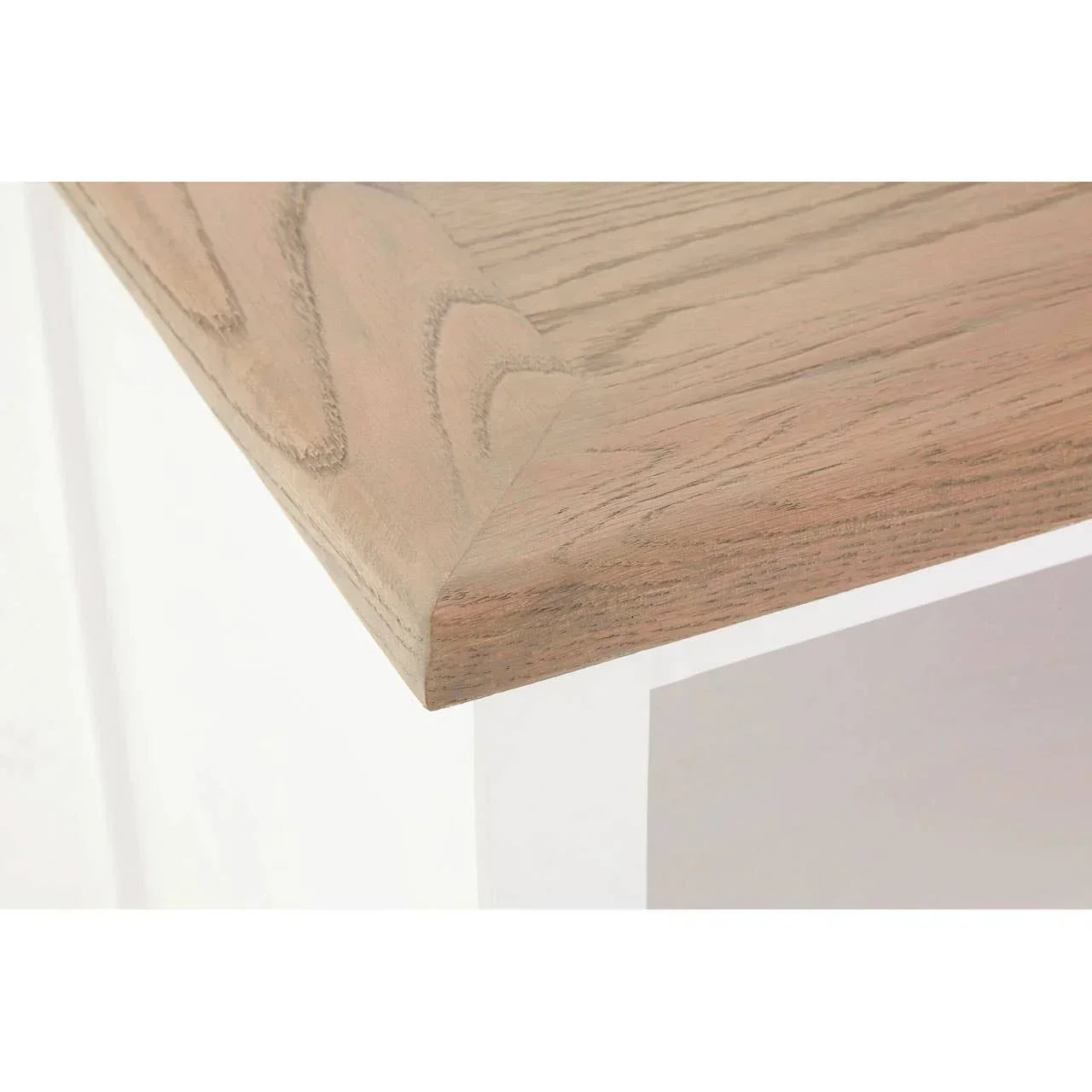 Close up of wooden furniture top with natural grain and white painted frame