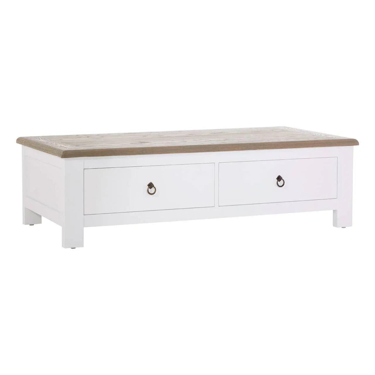 White wood coffee table with natural oak top and two storage drawers, front angle view