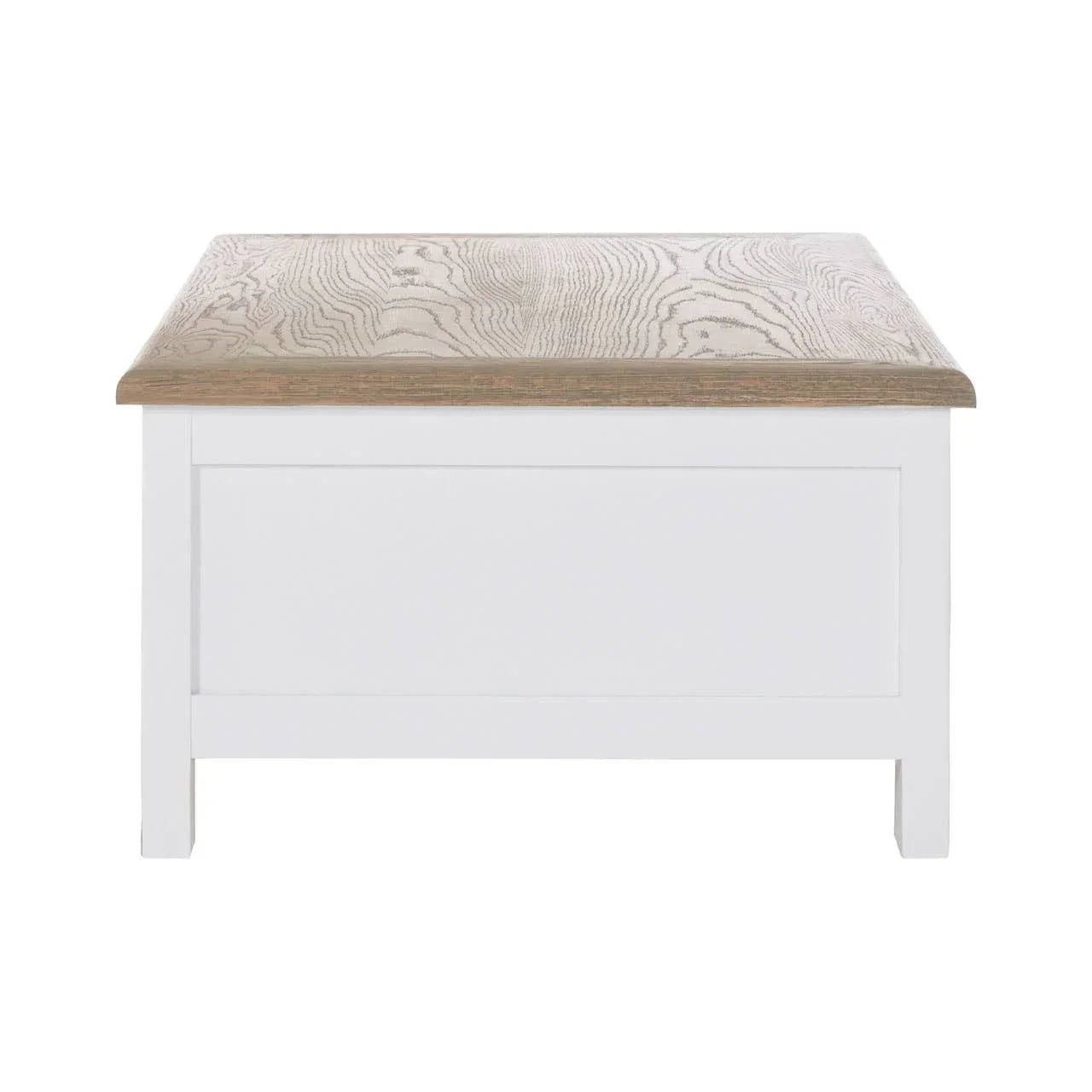 White wooden blanket box with oak finish lid, front view, panel detail visible
