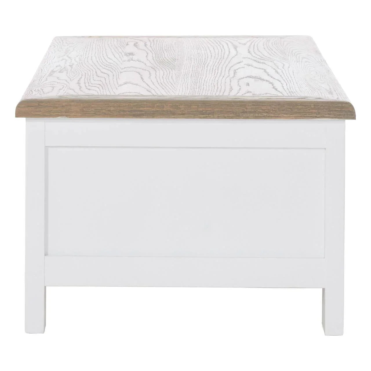 White wooden blanket box with light wood grain lid, front view