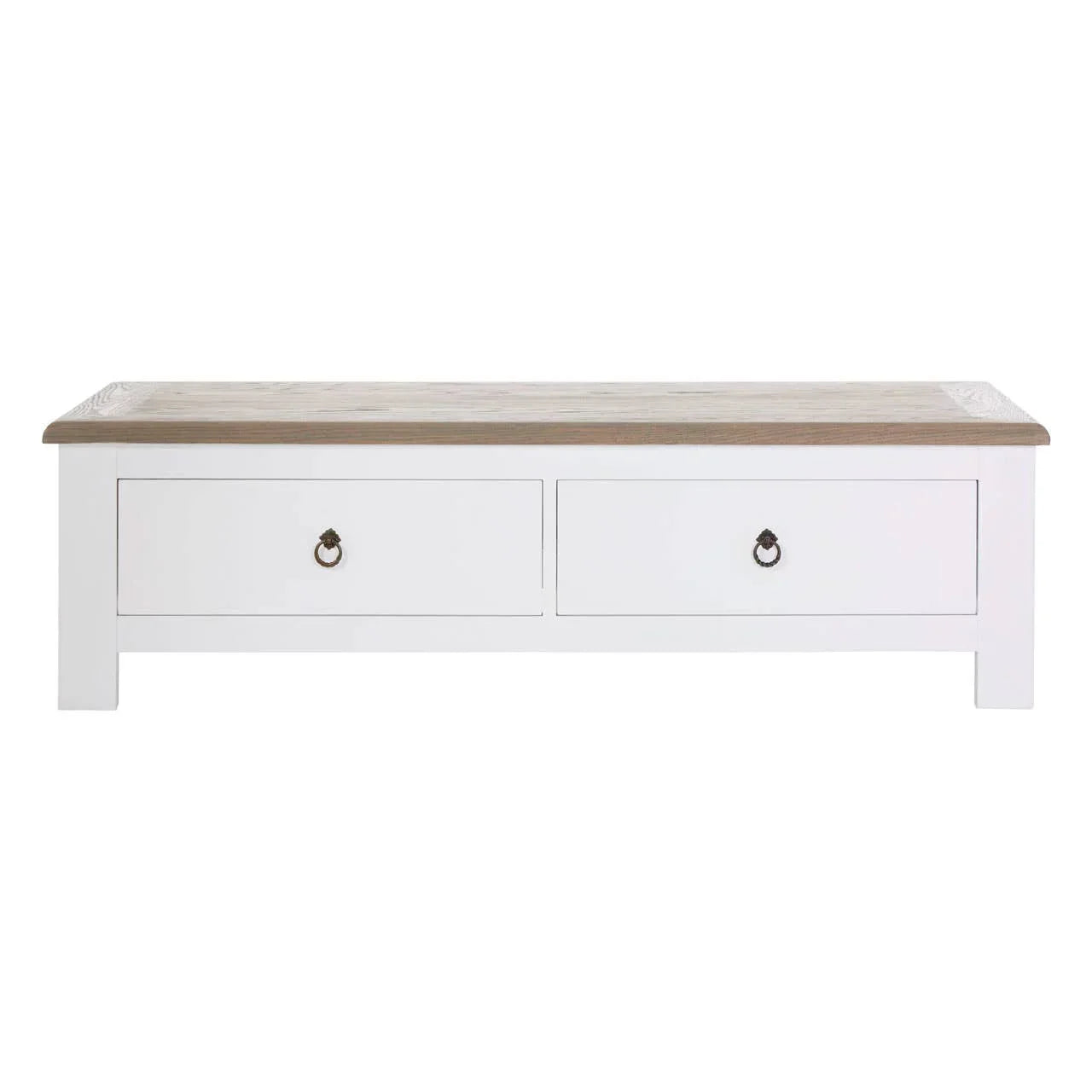 White wooden coffee table with oak finish top and two drawers with ring handles