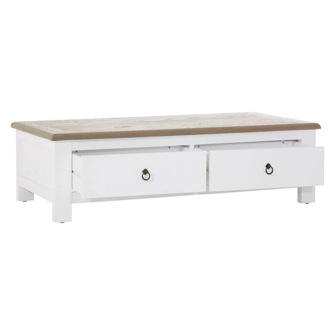 White wooden coffee table with natural top and two open storage drawers