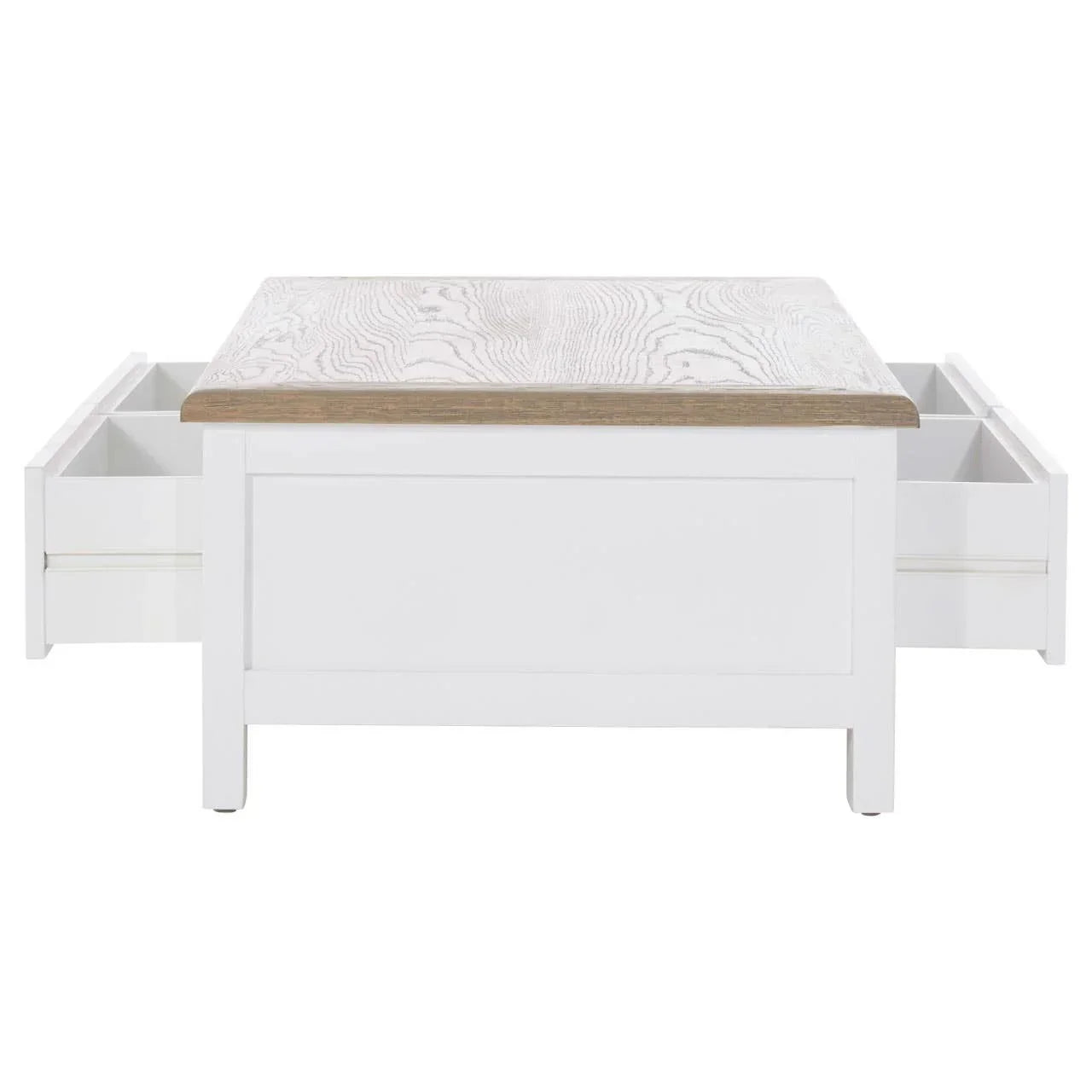 White wooden coffee table with light oak top and side drawers open