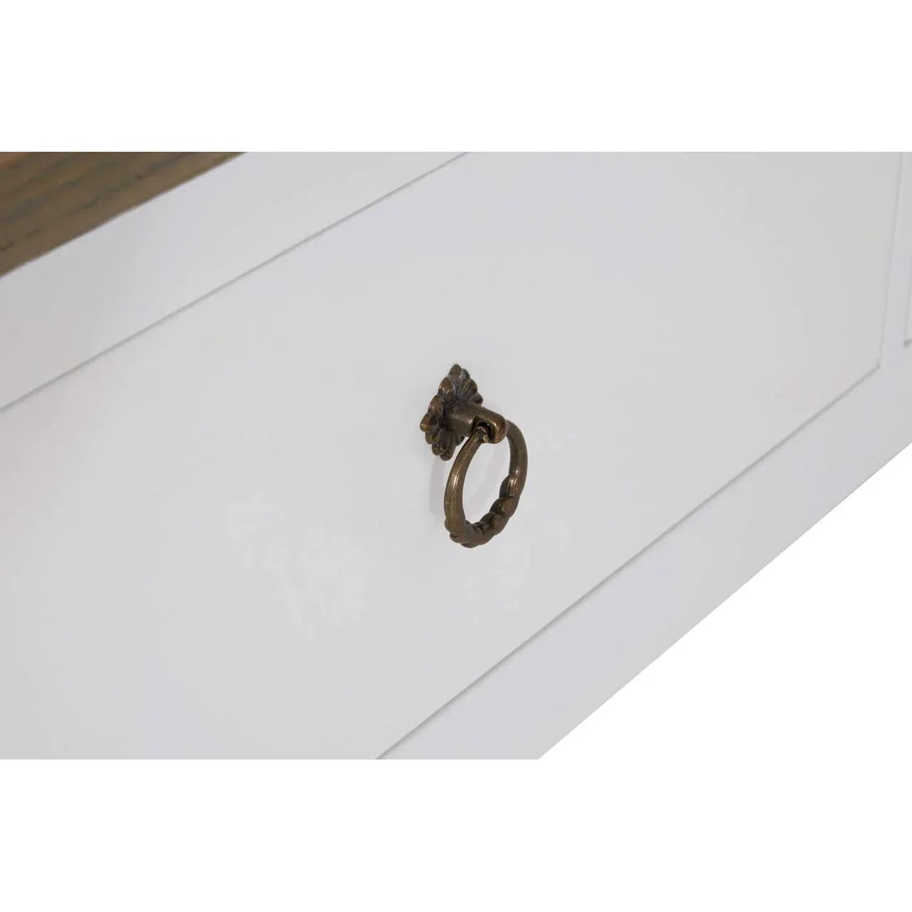 White wooden drawer with antique brass ring handle and panel detailing