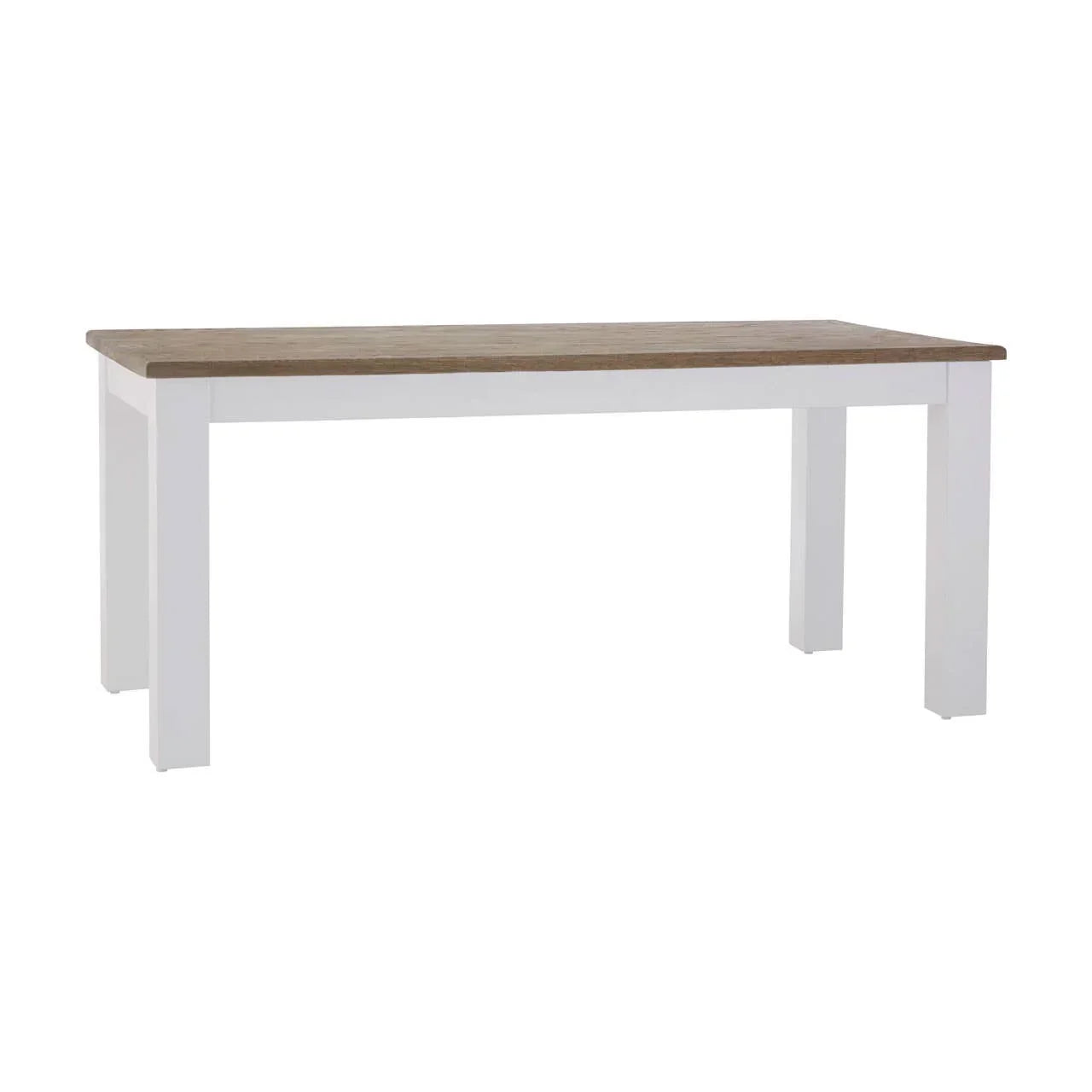 Rectangular dining table with white legs and oak wood top, modern furniture style